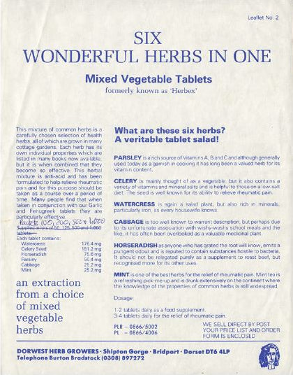 1984; Leaflet on Mixed Vegetable Tablets 'Six Wonderful Herbs in one'